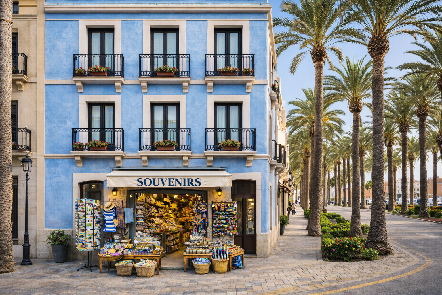 Außenansicht eines Souvenirgeschäfts in der Altstadt von Dénia in einem mediterranen Reihenhaus mit hellblauem Putz und schmiedeeisernen Balkonen mit Blumenkästen. Der Laden liegt an einem palmengesäumten Boulevard, vor dem offenen Eingang stehen Postkartenständer und Auslagetische mit typisch spanischen Souvenirs wie Keramik, Fächern, Taschen und kleinen Mitbringseln.