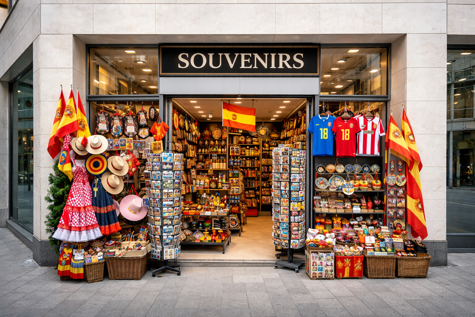 Außenansicht eines modernen Souvenirgeschäfts in Bilbao mit weißer, polierter Kalksteinfassade und großer Glasfront, breitem Eingang und hell beleuchtetem Innenraum, davor ausladende Präsentation spanischer Souvenirs wie Keramik, Magnete, Postkarten, Fächer, Hüte, Figuren und Textilien