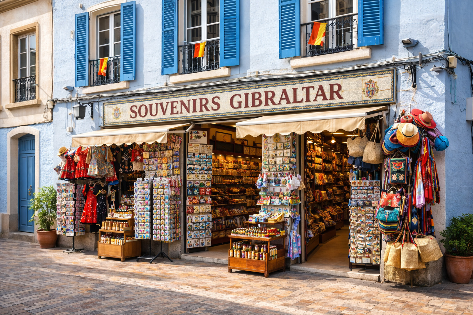Außenansicht eines kleinen Souvenirgeschäfts in Gibraltar mit mediterran-spanischer Fassade in hellblauem Putz und markanten blauen Fensterläden. Über dem Eingang hängt ein großes Ladenschild, davor sind Postkartenständer und Regale mit Magneten und Andenken aufgebaut, daneben farbenfrohe Textilien, Fächer, Hüte und Taschen als typische Souvenirs.