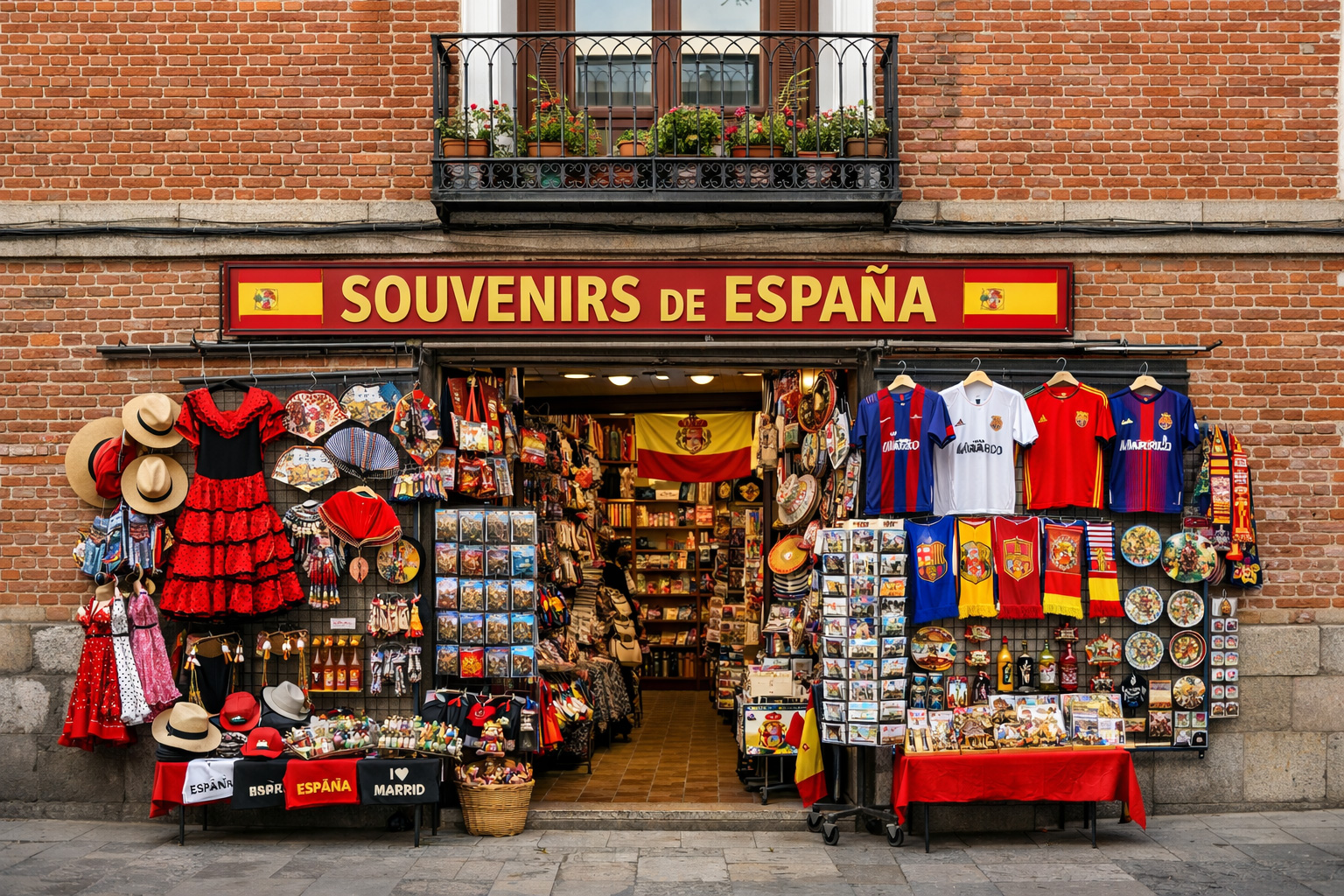 Außenansicht eines Souvenirgeschäfts in einer Altstadtstraße mit roter Backsteinfassade, weißen Fensterrahmen und schmiedeeisernem Balkon mit Blumenkästen, großer Ladentafel über dem Eingang und üppigen Auslagen mit Postkartenständern, Flamenco-Kleidern, Fächern, Strohhüten, Keramikschalen, kleinen Figuren, Schals und spanischer Flagge