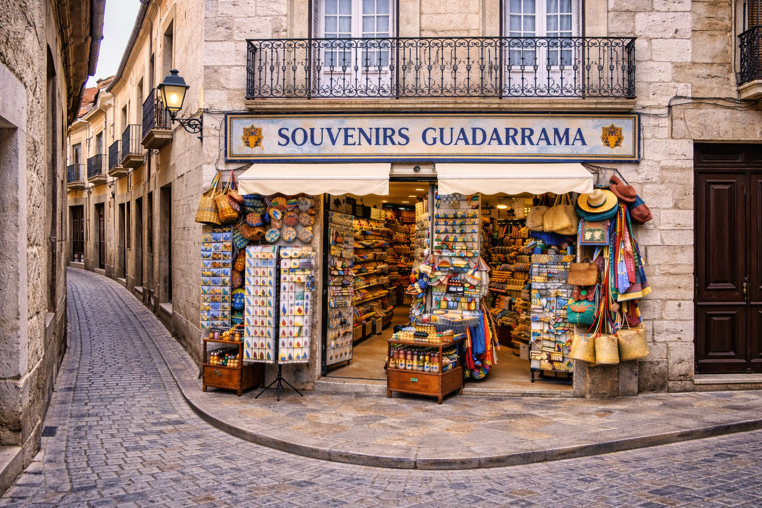 Außenansicht eines Souvenirgeschäfts in der Altstadt von Guadarrama in einem Gebäude aus hellem Kalkstein mit gut sichtbarem schmiedeeisernen Metallbalkon über dem Laden. Über dem Eingang hängt ein großes Ladenschild und eine Markise; davor stehen Postkartenständer und Auslagen mit typischen Spanien-Souvenirs wie Keramik, Fächer, Taschen, Magnete und bunte Textilien an einer schmalen Kopfsteinpflastergasse.