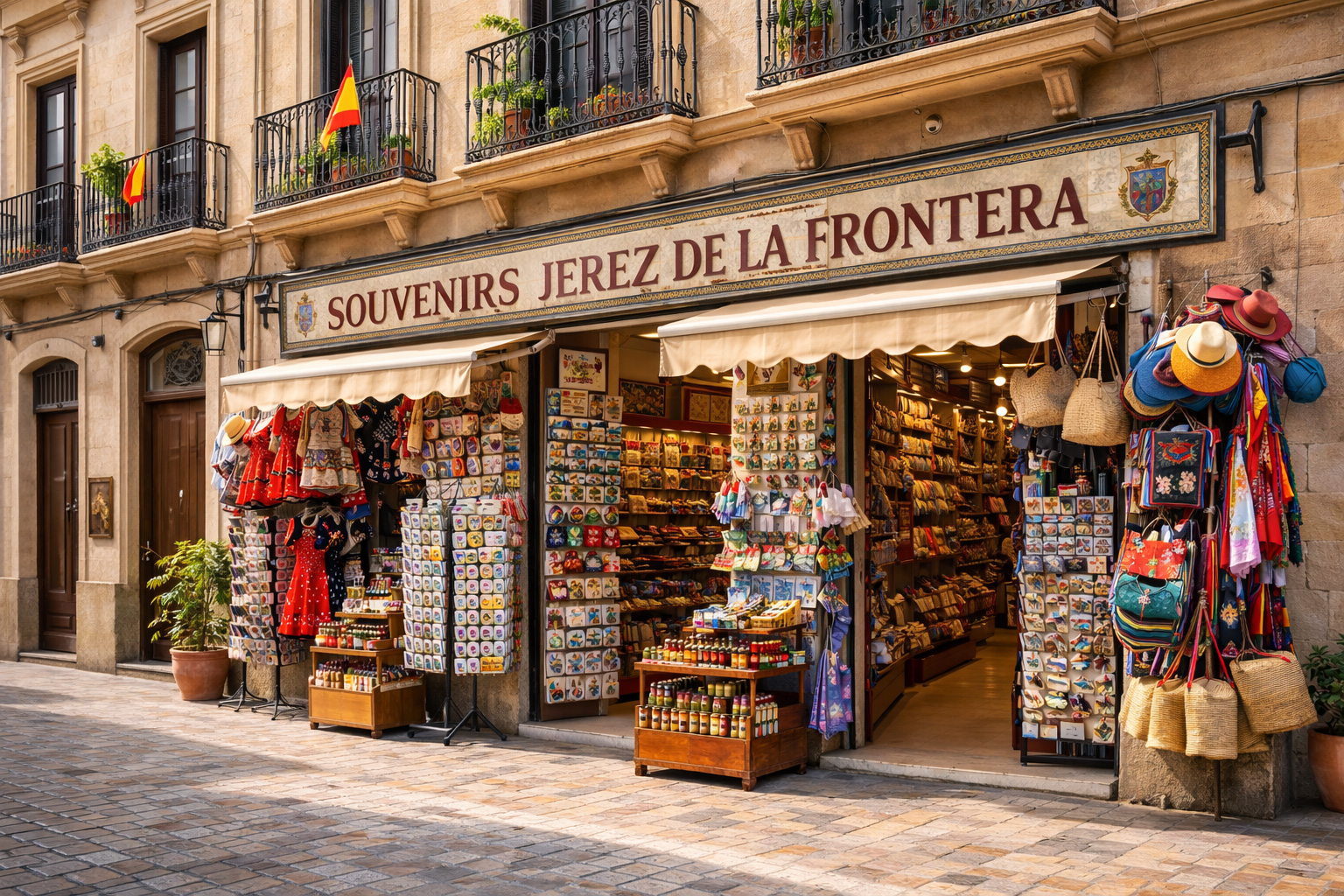 Außenansicht eines Souvenirgeschäfts in Jerez de la Frontera mit hellbrauner, neoklassischer Fassade und eleganten Metallbalkonen über dem Laden. Ein großes Schild und eine Markise rahmen den Eingang, davor stehen Postkartenständer und Regale mit Magneten, Keramik und typischen Spanien-Souvenirs; daneben hängen bunte Textilien, Hüte und Taschen.