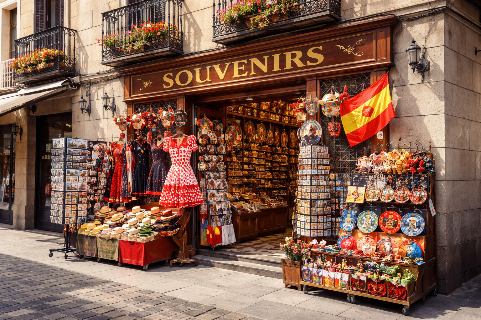Außenansicht eines Souvenirgeschäfts in einer Altstadtgasse mit heller Kalksteinfassade, schmiedeeisernem Balkon mit Blumen, Holzeingang und Auslagen mit Postkartenständern, Flamenco-Kleidern, Fächern, Strohhüten, Keramiktellern, kleinen Figuren und spanischer Flagge im warmen Sonnenlicht