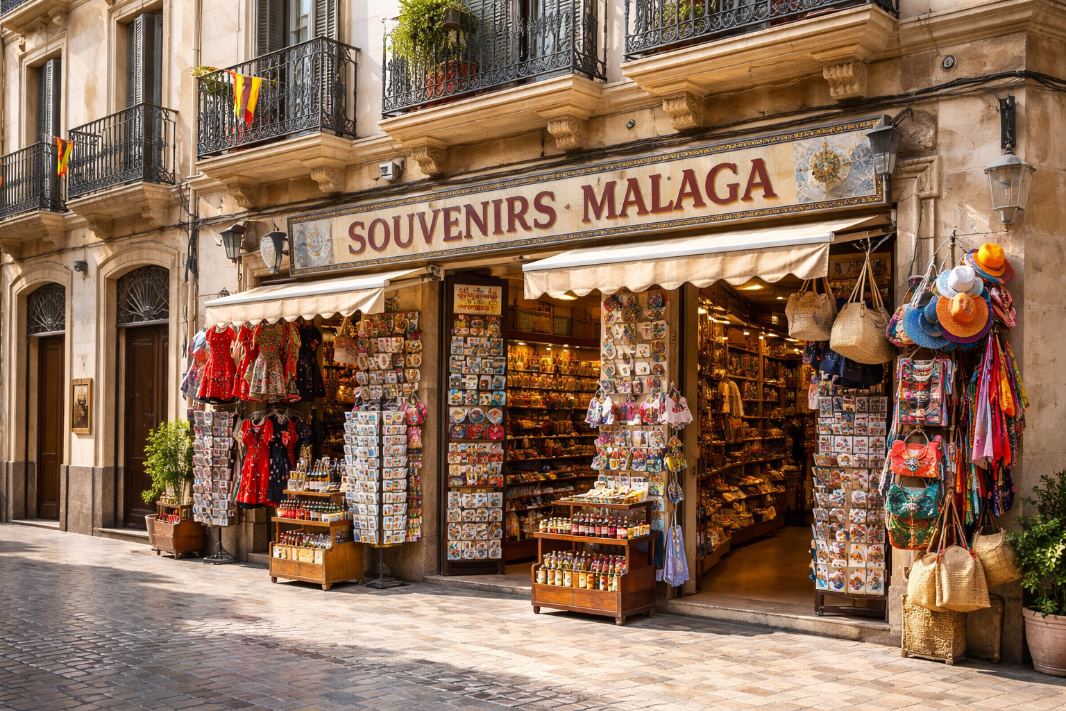 Außenansicht eines Souvenirgeschäfts in Málaga mit neoklassischer spanischer Fassade, hellen Steinflächen und verzierten Metallbalkonen. Vor dem Laden hängen farbenfrohe spanische Souvenirs wie Fächer, Hüte, Taschen und Postkarten, während das Schaufenster mit landestypischen Andenken dekoriert ist.