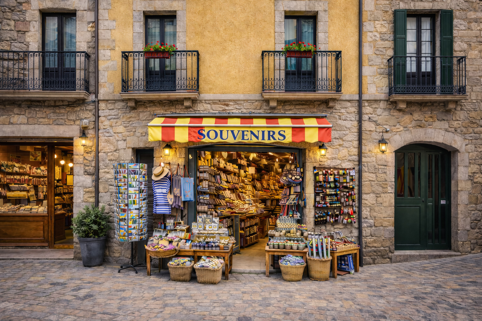Außenansicht eines Souvenirgeschäfts in der Altstadt von Manresa in einem schmalen Reihenhaus, unten grobes Kalksteinmauerwerk und darüber gelb-brauner Putz mit schmiedeeisernen Balkonen; das Eckhaus liegt an einer Gasse. Die Markise über dem Eingang trägt den Schriftzug SOUVENIRS und ist in rot-gelben Streifen gehalten, während vor dem Laden Postkartenständer und Tische mit Keramik, Fächern, lokalen Spezialitäten und kleinen Mitbringseln ausgestellt sind.