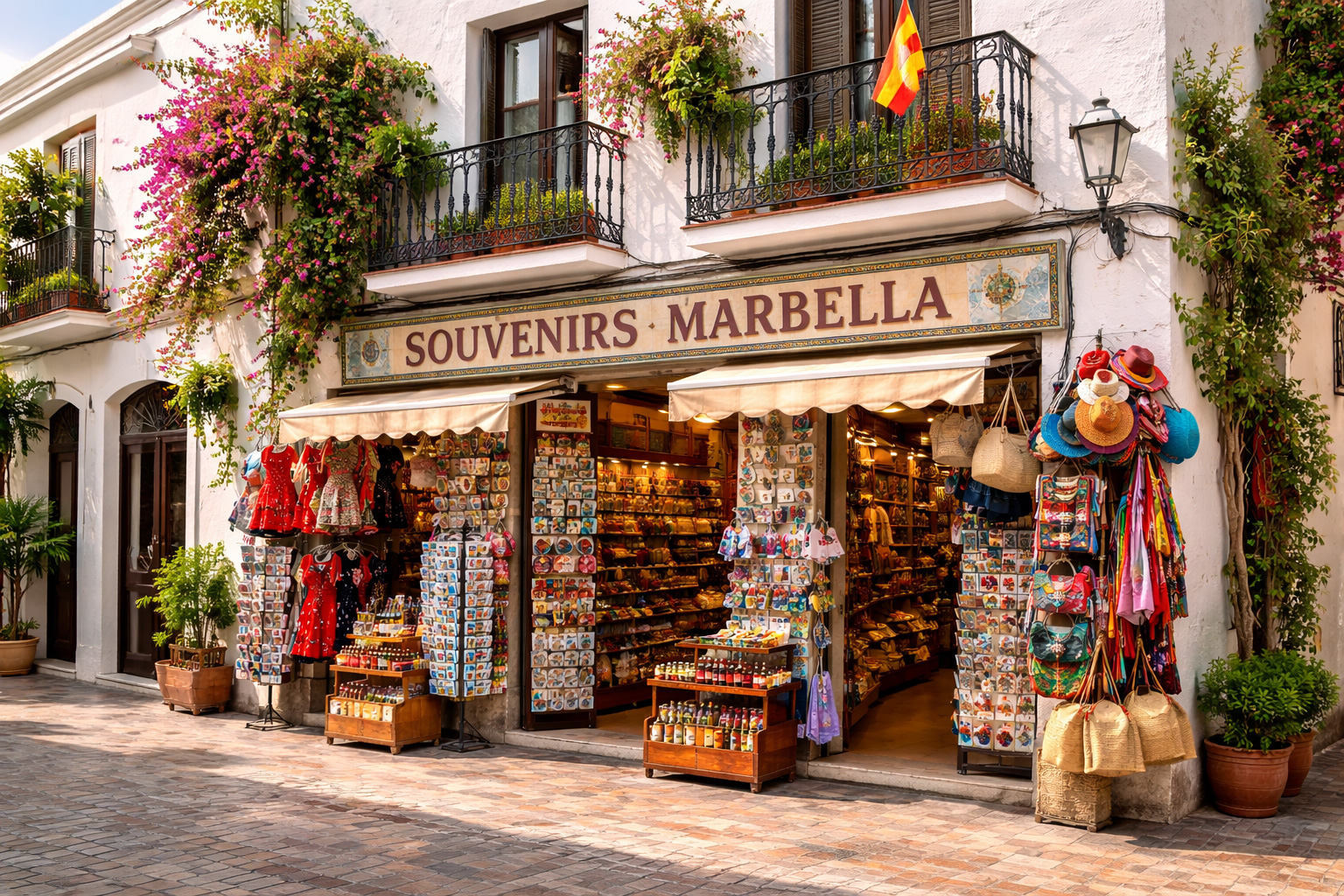 Außenansicht eines kleinen Souvenirgeschäfts in Marbella in einem weißen, mediterran-spanischen Haus mit verzierten Metallbalkonen und blühender Bougainvillea an der Fassade. Vor dem Eingang hängen landestypische Souvenirs wie Fächer, Strohhüte, Taschen und bunte Textilien, dazu Postkartenständer und Regale mit spanischen Andenken im Schaufenster.