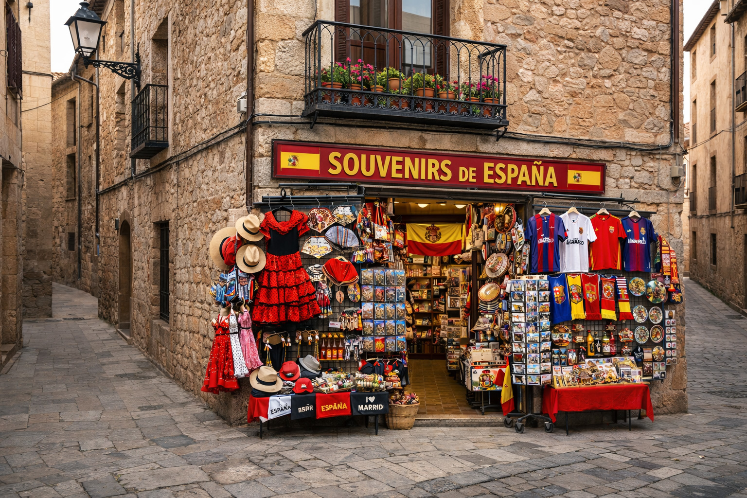 Außenansicht eines Souvenirgeschäfts als Eckhaus in einer schmalen Altstadtgasse, grobe Kalksteinfassade mit unregelmäßigem Mauerwerk, schmiedeeiserne Balkone mit Blumenkästen, großer Ladenschriftzug über dem Eingang und dichte Auslagen mit Postkartenständern, Flamenco-Kleidern, Fächern, Strohhüten, Keramiktellern, kleinen Figuren, Schals und spanischer Flagge vor Kopfsteinpflaster