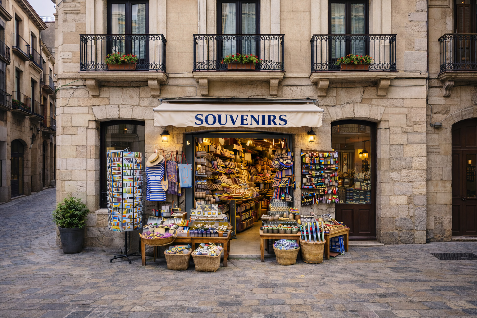Außenansicht eines Souvenirgeschäfts in der Altstadt von Reus in einem neoklassischen spanischen Steinbau mit klaren Fassadenlinien und schmiedeeisernen Balkonen. Unter einer hellen Markise mit dem Schriftzug SOUVENIRS ist der offene Eingang von Postkartenständern und Auslagetischen umgeben, auf denen Keramik, Fächer, Magneten und weitere typisch spanische Mitbringsel präsentiert werden.