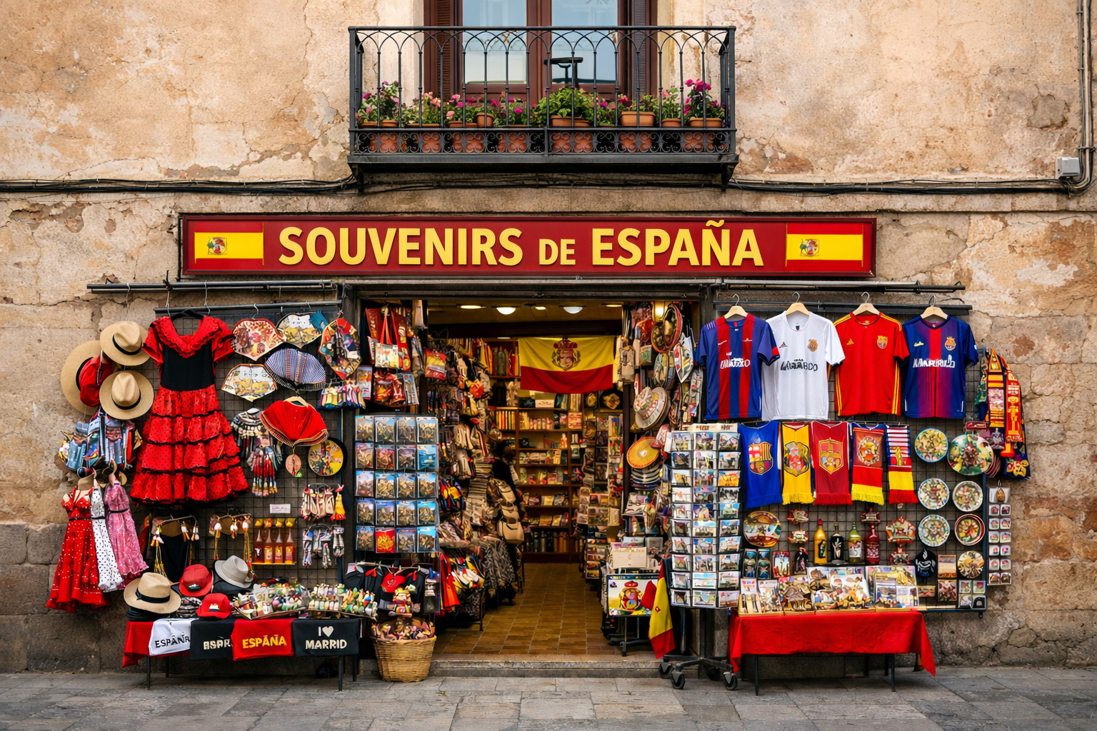 Außenansicht eines Souvenirgeschäfts in einer Altstadtgasse mit hellbrauner, gealterter Putzfassade mit Abplatzungen, schmiedeeisernem Balkon mit Blumenkästen über dem Eingang, großer roter Ladentafel und Auslagen mit Postkartenständern, Flamenco-Kleidern, Fächern, Strohhüten, Keramikschalen, kleinen Figuren, Schals und spanischer Flagge