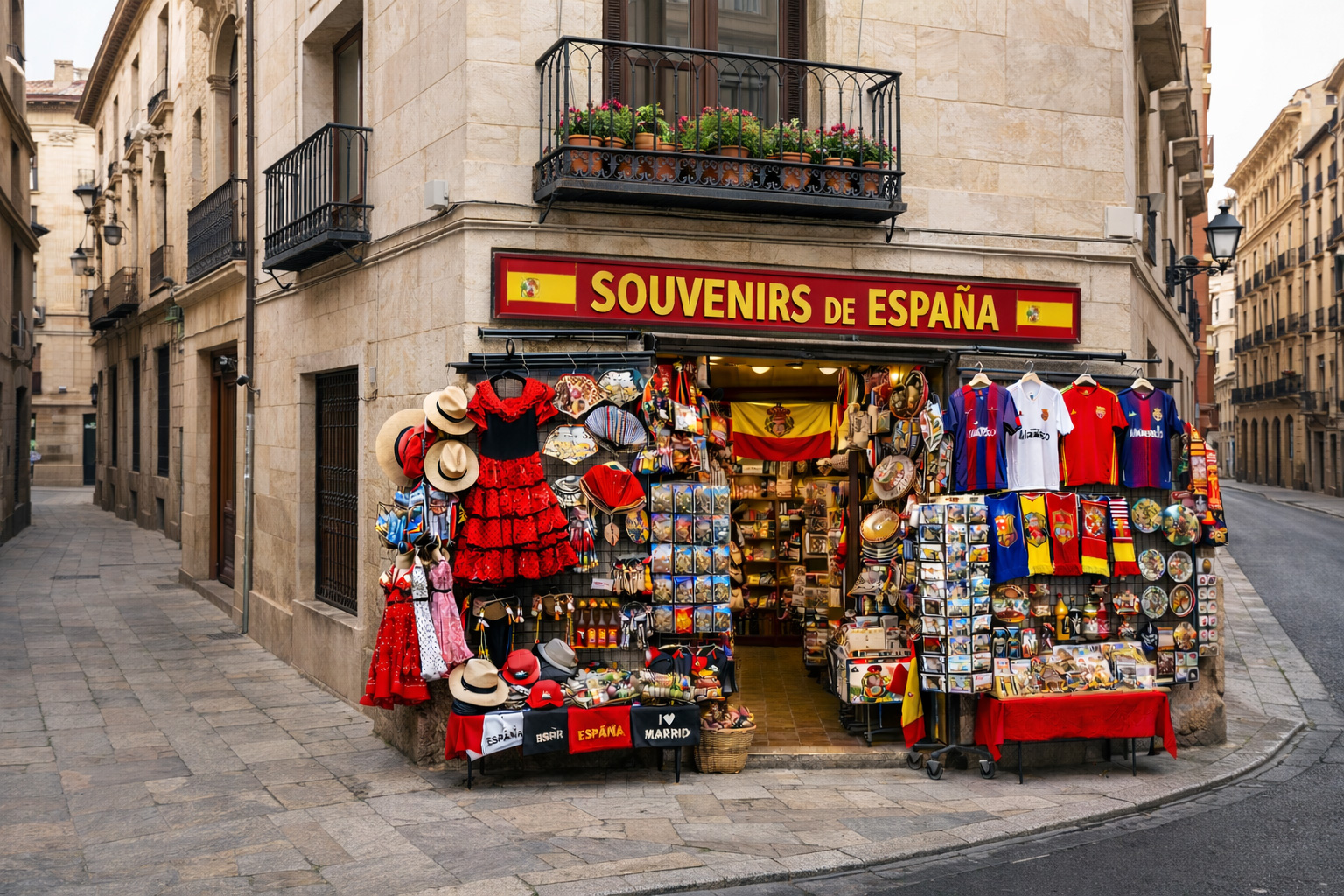 Außenansicht eines Souvenirgeschäfts als Eckhaus an einer Altstadtstraße mit polierter Kalksteinfassade, schmiedeeisernem Balkon mit Blumenkästen über dem Eingang, großem Ladenschild und dicht bestückten Auslagen mit Postkartenständern, Flamenco-Kleidern, Fächern, Strohhüten, Keramiktellern, kleinen Figuren, Schals, Trikots und spanischer Flagge, umgeben von Pflastersteinen und historischer Bebauung