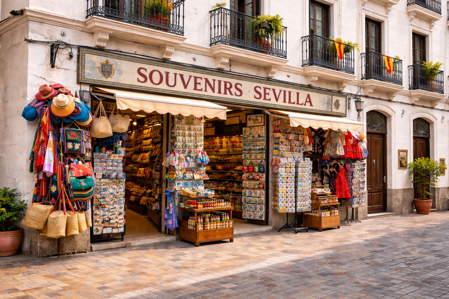 Außenansicht eines Souvenirgeschäfts in Sevilla aus einem leicht seitlichen Blickwinkel, in einem weißen neoklassischen Gebäude mit verzierten Metallbalkonen und Pflanzkübeln. Über der breiten Schaufensterfront hängt ein großes Ladenschild, darunter stehen Postkartenständer und Regale mit Magneten und Keramik, während bunte Tücher, Fächer, Taschen und Hüte am Eingang präsentiert werden.