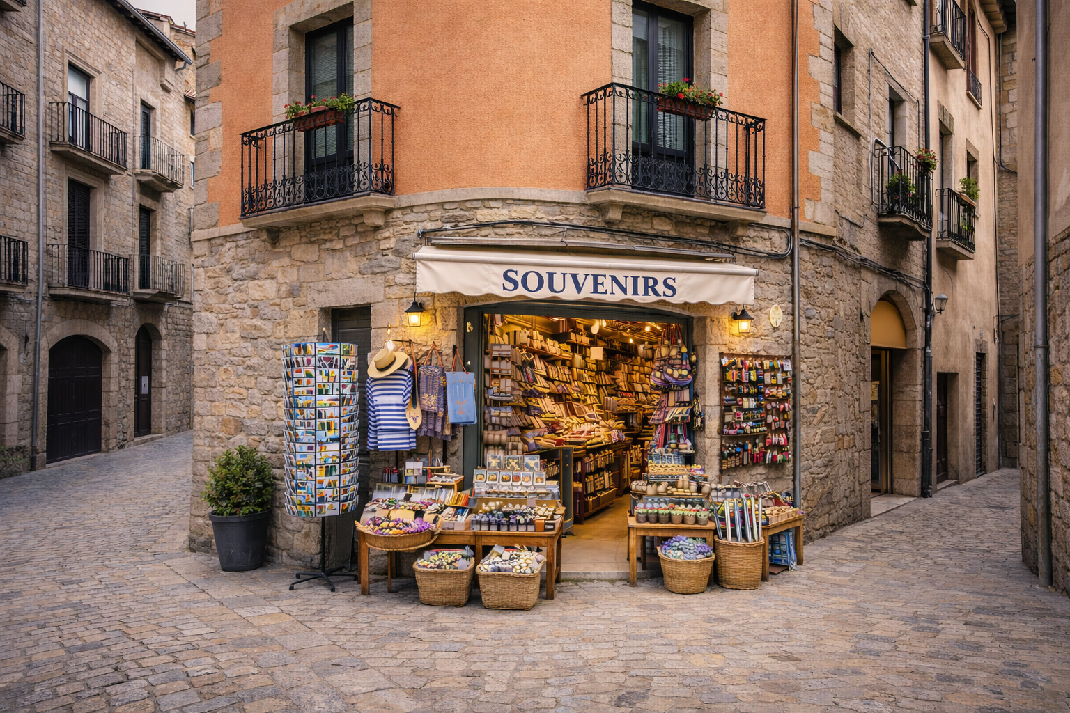 Außenansicht eines Souvenirgeschäfts in der Altstadt von Solsona in einem Eckhaus, unten grobes Kalksteinmauerwerk und darüber aprikotfarbener Putz; schmiedeeiserne Balkone sind über dem Laden sichtbar, und links öffnet sich eine schmale Gasse. Vor dem Eingang unter einer Markise stehen Postkartenständer und Tische mit typisch spanischen Andenken wie Keramik, Fächer, lokale Spezialitäten und kleine Mitbringsel.