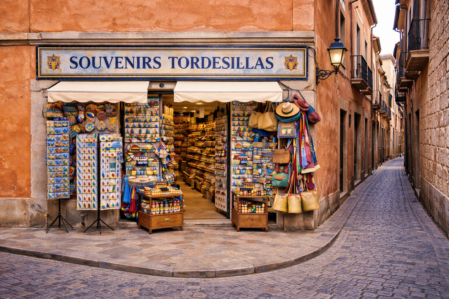 Außenansicht eines Souvenirgeschäfts in der Altstadt von Tordesillas mit orangefarbenem Putz an einer schmalen Kopfsteinpflastergasse, die rechts am Gebäude entlangführt. Über dem Eingang hängt ein großes Ladenschild und eine Markise, daneben eine traditionelle Wandlaterne; vor der Tür stehen Postkartenständer und Auslagen mit typischen Spanien-Souvenirs wie Keramik, Strohhüten, Taschen, Magneten und bunten Textilien.