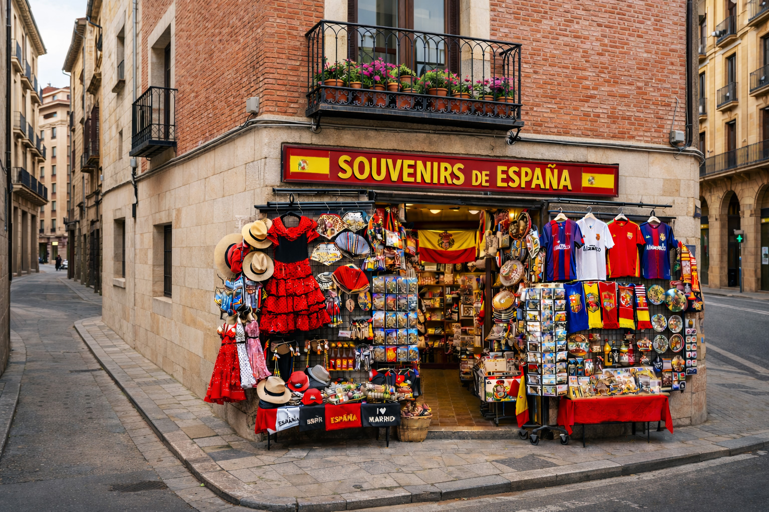 Außenansicht eines Souvenirgeschäfts als Eckhaus an einer Altstadtstraße, Erdgeschoss mit polierter Kalksteinfassade und großem Ladenschild, Obergeschoss aus rotem Backstein mit schmiedeeisernem Balkon und Blumenkästen, üppige Auslagen mit Postkartenständern, Flamenco-Kleidern, Fächern, Strohhüten, Keramikschalen, kleinen Figuren, Schals, Trikots und spanischer Flagge vor Kopfsteinpflaster
