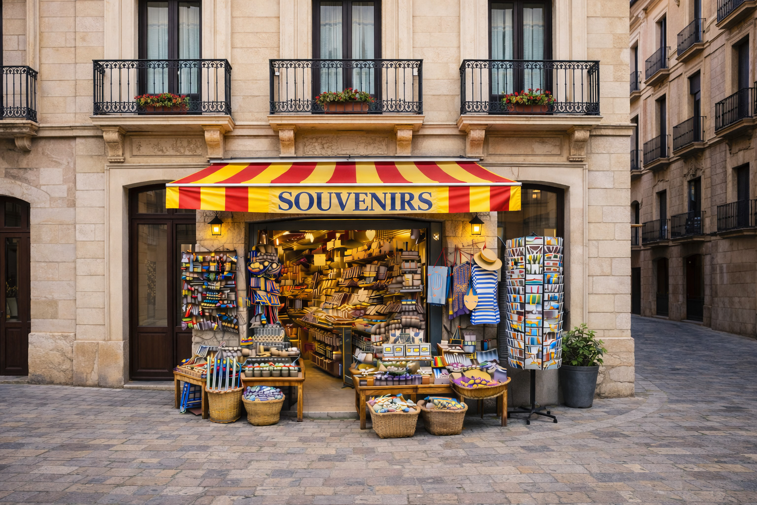 Außenansicht eines Souvenirgeschäfts in der Altstadt von Valencia in einem spanisch-neoklassischen Reihenhaus mit heller Steinfassade und schmiedeeisernen Balkonen. Die Markise über dem Eingang ist rot-gelb gestreift und trägt den Schriftzug SOUVENIRS, rechts führt eine schmale Gasse vorbei. Vor dem offenen Laden stehen Postkartenständer und Auslagetische mit Keramik, Fächern, Magneten und weiteren typisch spanischen Mitbringseln.