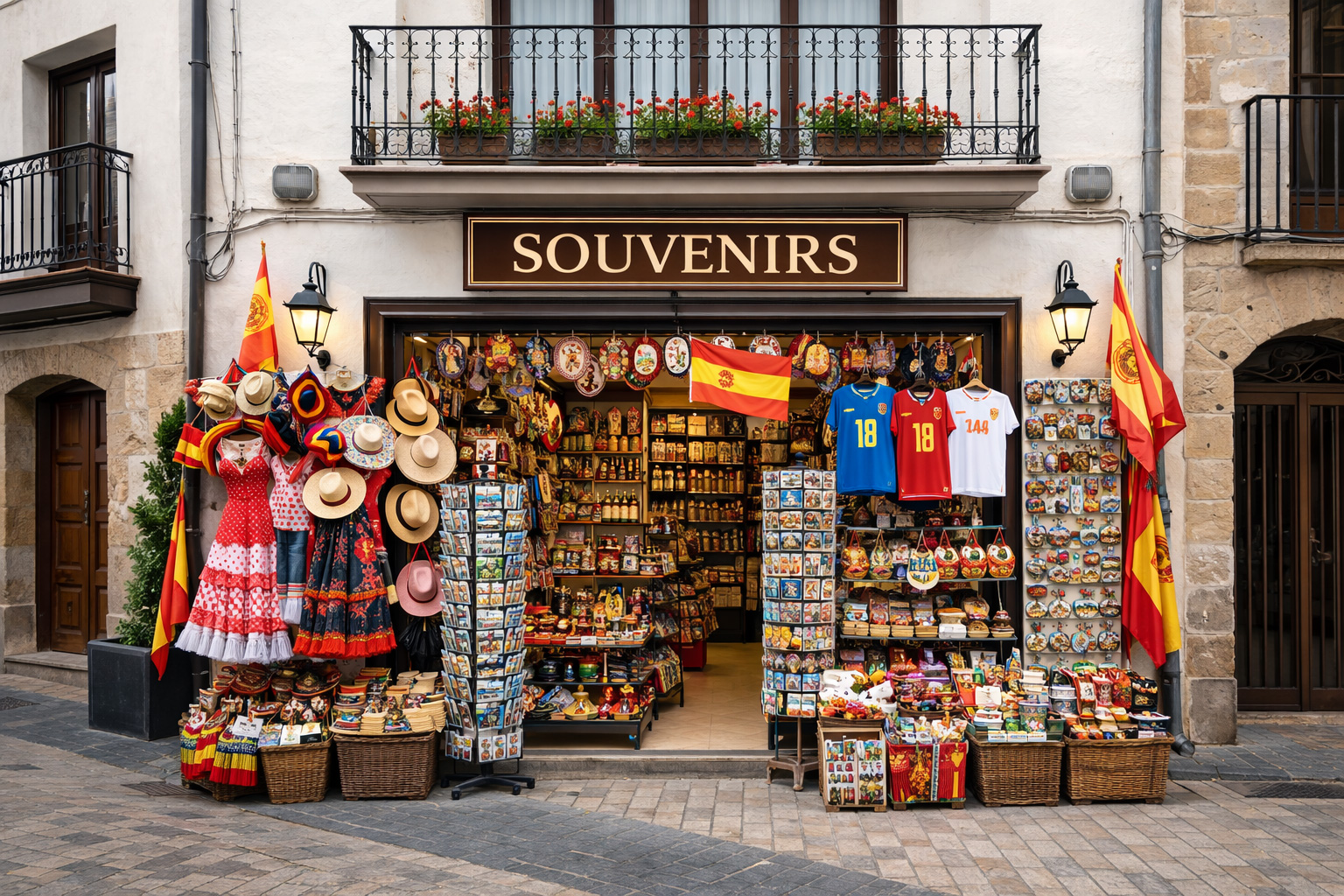 Außenansicht eines Souvenirgeschäfts in der Altstadt von Vitoria-Gasteiz mit weißer Fassade, schmiedeeisernem Metallbalkon mit Blumen und üppiger Auslage spanischer Souvenirs wie Keramik, Fächer, Hüte, Postkarten und Textilien vor dem Eingang