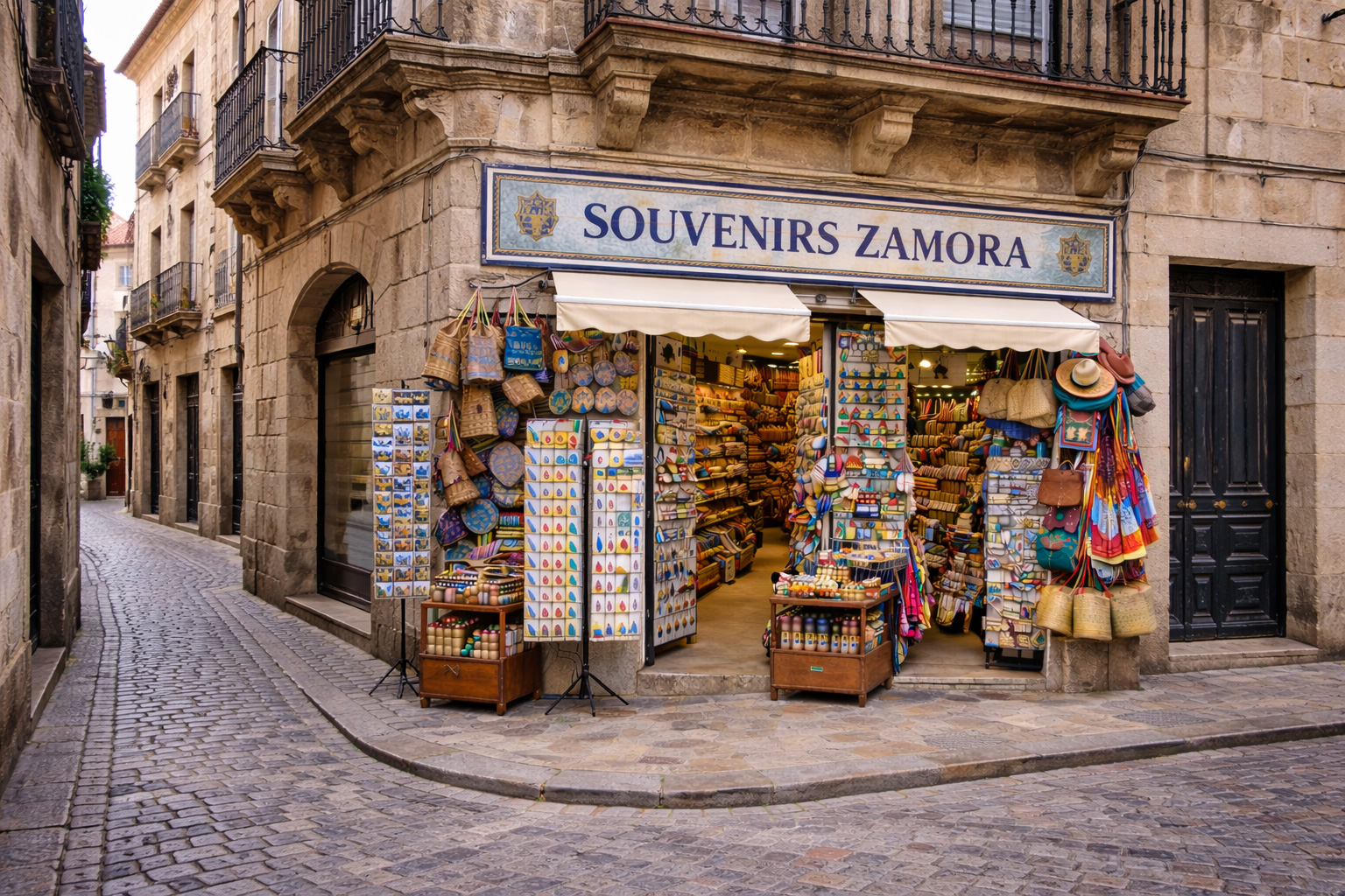 Außenansicht eines Souvenirgeschäfts in der Altstadt von Zamora in einem Renaissancegebäude aus braunem Kalkstein mit aufwendig gearbeiteten Steinrahmen und Balkondetails. Über dem Eingang hängt ein großes Ladenschild und eine Markise; davor stehen Postkartenständer und Auslagen mit typischen Spanien-Souvenirs wie Keramik, Fächer, Taschen, Magnete und bunte Textilien in einer schmalen Kopfsteinpflastergasse.