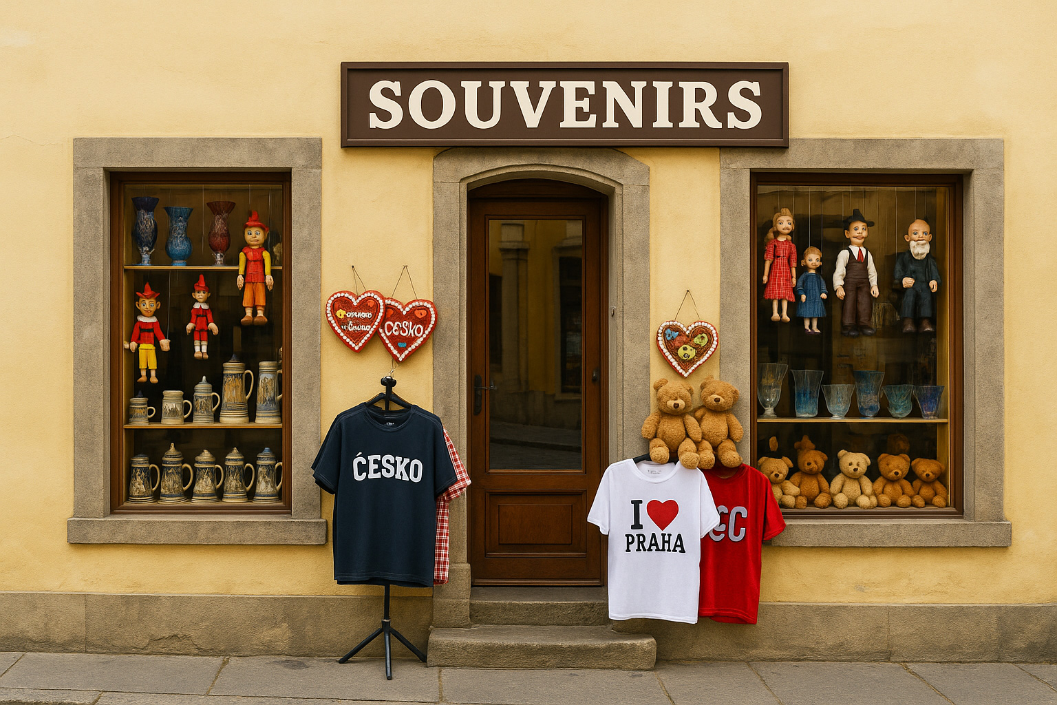 Souvenirgeschäft in der Altstadt von Beroun, Tschechien, mit typischen Andenken wie böhmischen Glasvasen, Bierkrügen, Marionetten, Lebkuchenherzen, Teddybären und T-Shirts mit „I ♥ Praha“ und „Česko“ vor historischem Gebäude.