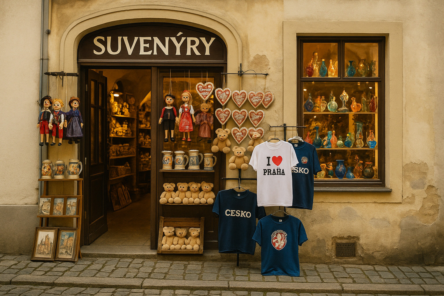 Souvenirgeschäft in der Altstadt von Mělník, Tschechien, mit typischen Andenken wie Marionetten, handbemalten Bierkrügen, Lebkuchenherzen, Glasvasen, Teddybären und T-Shirts mit „I ♥ Praha“ und „Česko“.