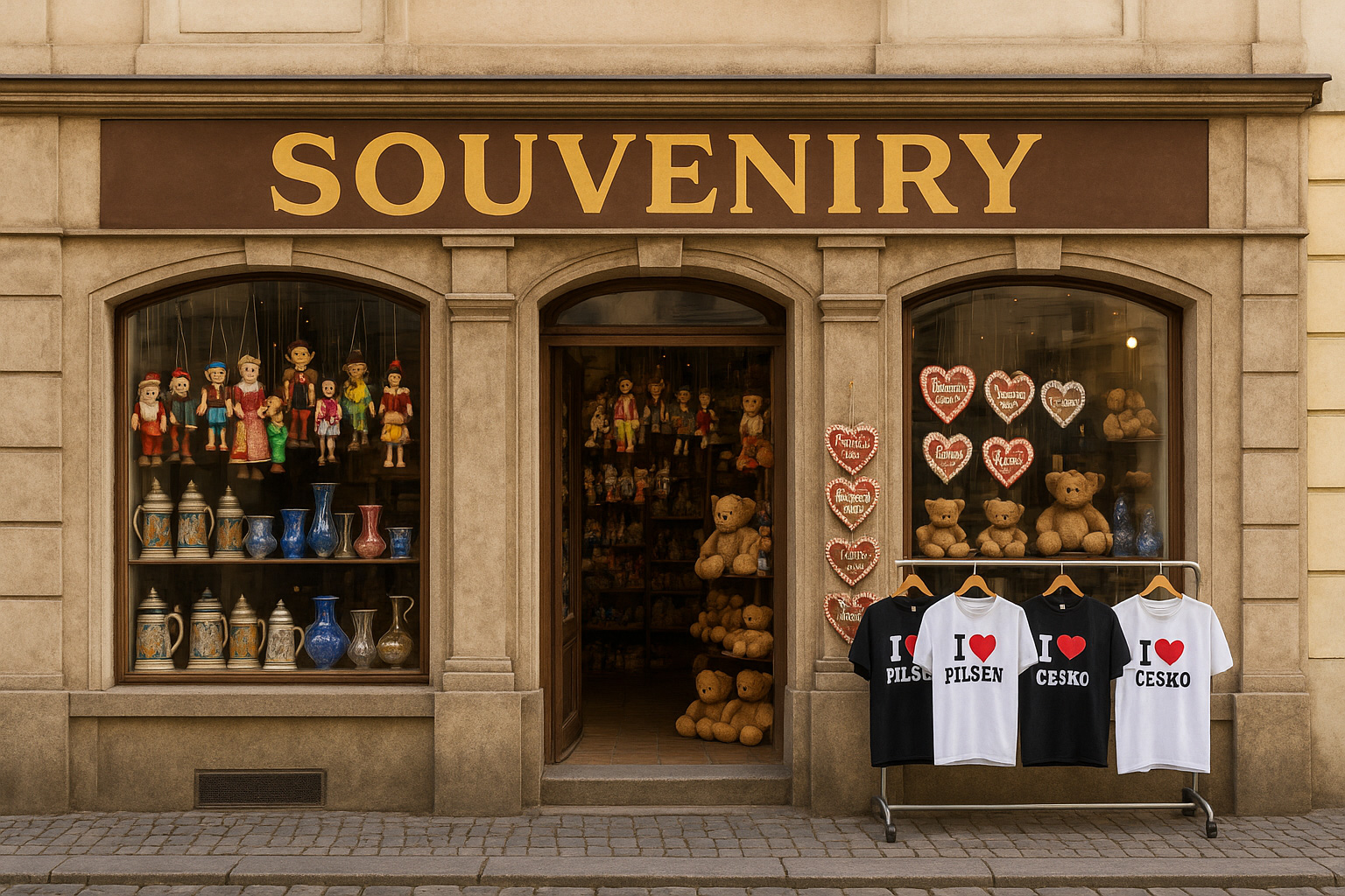 Souvenirgeschäft in der Altstadt von Pilsen, Tschechien, mit typischen Andenken wie Bierkrügen, böhmischem Glas, Marionetten, Lebkuchenherzen, Teddybären und T-Shirts mit „I ♥ Pilsen“ und „Česko“.