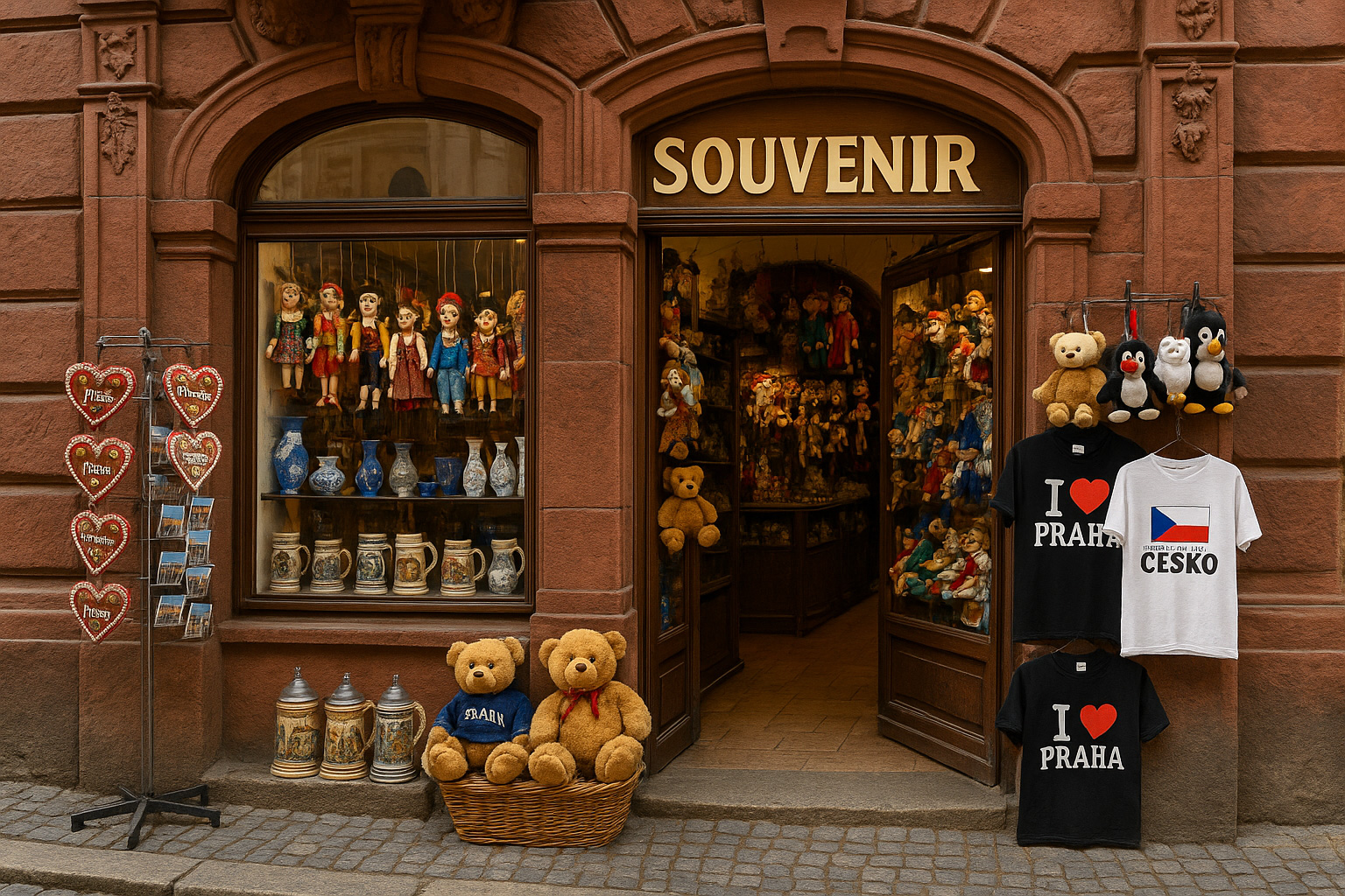 Souvenirgeschäft in der Altstadt von Prag, Tschechien, in einem roten Sandsteinbauwerk mit Schaufenstern voller Marionetten, Bierkrüge, Lebkuchenherzen, Teddybären und T-Shirts mit „I ♥ Praha“ und „Česko“.