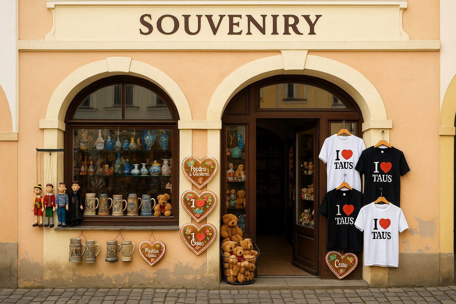Souvenirgeschäft in der Altstadt von Taus, Tschechien, mit typischen Andenken wie Bierkrügen, böhmischem Glas, Marionetten, Lebkuchenherzen, Teddybären und T-Shirts mit „I ♥ Taus“ und „Česko“ vor einem historischen Gebäude.