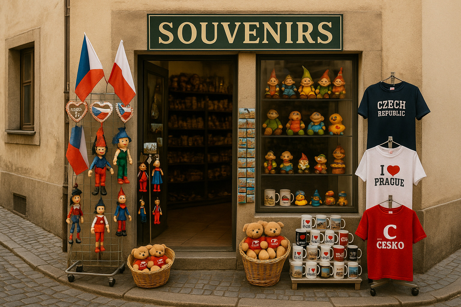 Souvenirgeschäft in der Altstadt von Ústí nad Labem, Tschechien, mit typischen Andenken wie Marionetten, Lebkuchenherzen, Bierkrügen, Teddybären, T-Shirts mit „I ♥ Prague“ und „Česko“ sowie bunten Figuren im Schaufenster.