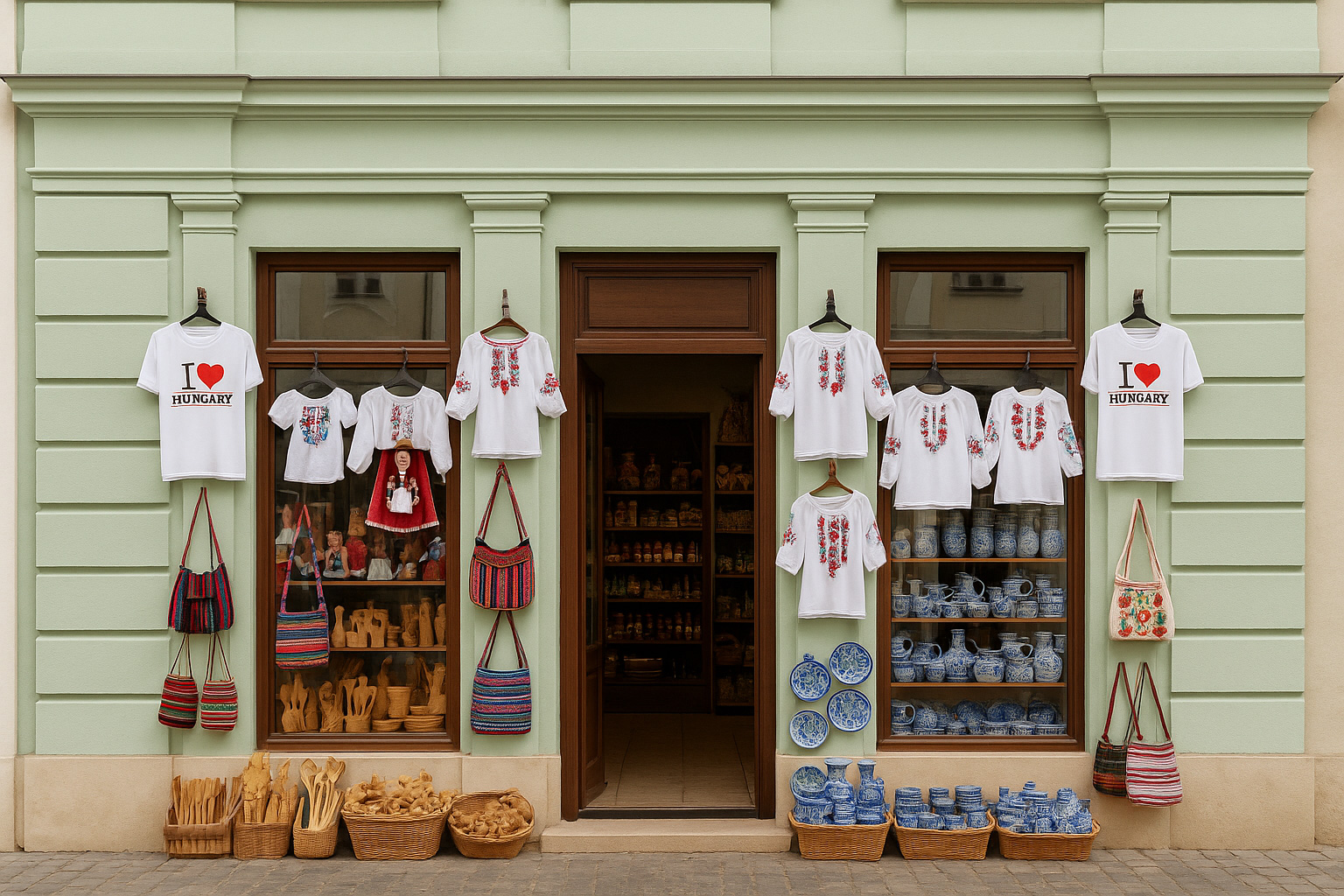 Souvenirgeschäft in der Altstadt von Baja in einem hellgrünen neoklassischen Gebäude mit T-Shirts 