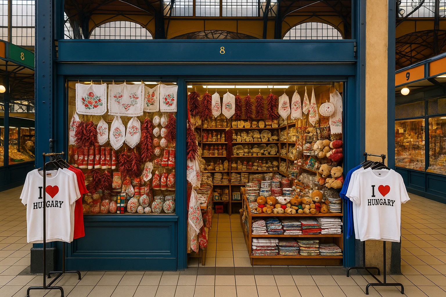 Souvenirgeschäft in einer Markthalle in Budapest, Ungarn, mit typischen Andenken wie Paprika-Produkten, handbestickten Textilien, Keramik, Rubik-Würfeln, Teddybären sowie T-Shirts mit „I ♥ Hungary“ zwischen Marktständen.