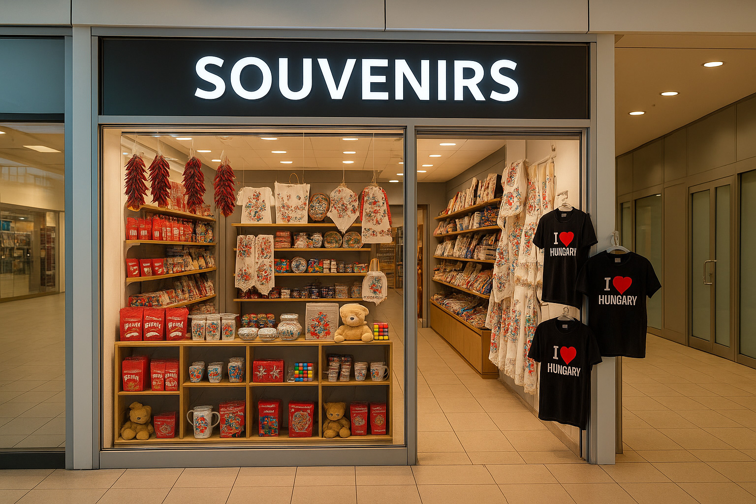 Souvenirgeschäft in einem modernen Einkaufszentrum in Debrecen, Ungarn, mit typischen Andenken wie Paprika-Produkten, handbestickten Textilien, Keramik, Rubik-Würfeln, Teddybären sowie T-Shirts mit 