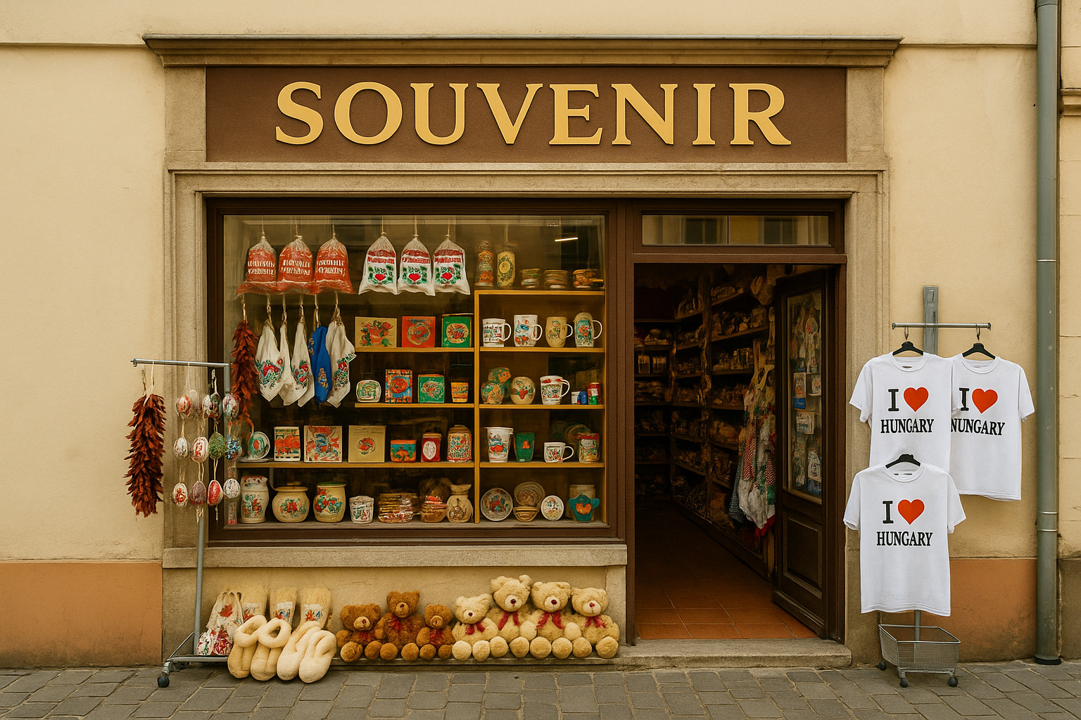 Souvenirgeschäft in der Altstadt von Esztergom, Ungarn, mit typischen Andenken wie Paprika-Produkten, handbestickten Textilien, Keramik, Rubik-Würfeln, Teddybären sowie T-Shirts mit „I ♥ Hungary“ vor historischem Altstadthaus.