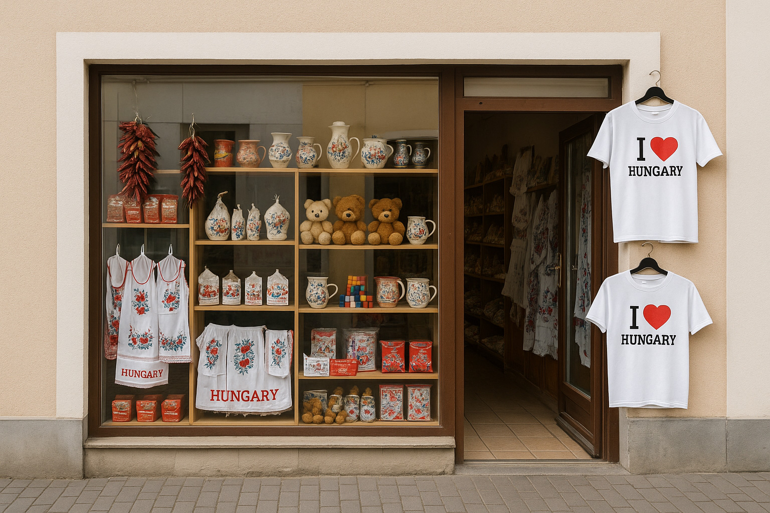 Souvenirgeschäft in der Kleinstadt Jászberény, Ungarn, mit typischen Andenken wie Paprika-Produkten, handbestickten Textilien, Keramik, Rubik-Würfeln, Teddybären sowie T-Shirts mit „I ♥ Hungary“ im Schaufenster.