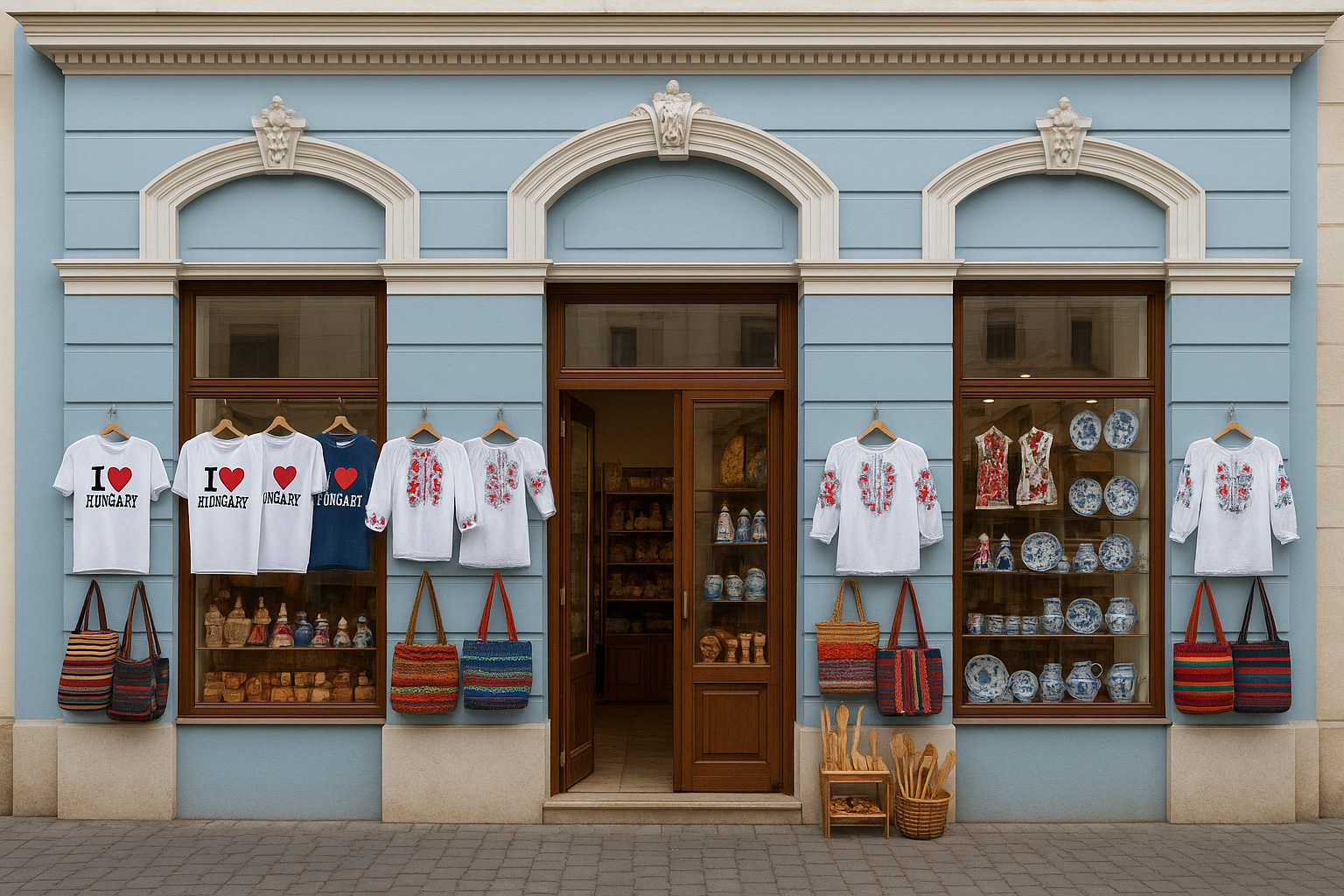Souvenirgeschäft in der Altstadt von Szeged in einem hellblauen neoklassischen Gebäude mit T-Shirts 