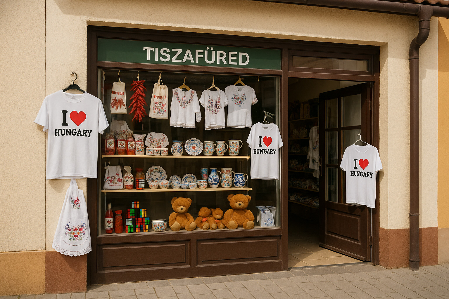 Souvenirgeschäft in der Kleinstadt Tiszafüred, Ungarn, mit typischen Andenken wie Paprika-Produkten, handbestickten Textilien, Keramik, Rubik-Würfeln, Teddybären sowie T-Shirts mit „I ♥ Hungary“ im Schaufenster.