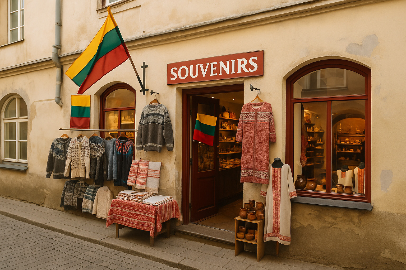 Souvenirgeschäft in der Altstadt von Vilnius, Litauen, mit gelber Fassade, litauischer Flagge, Strickwaren, Textilien und Keramikartikeln an einer Kopfsteinpflasterstraße.