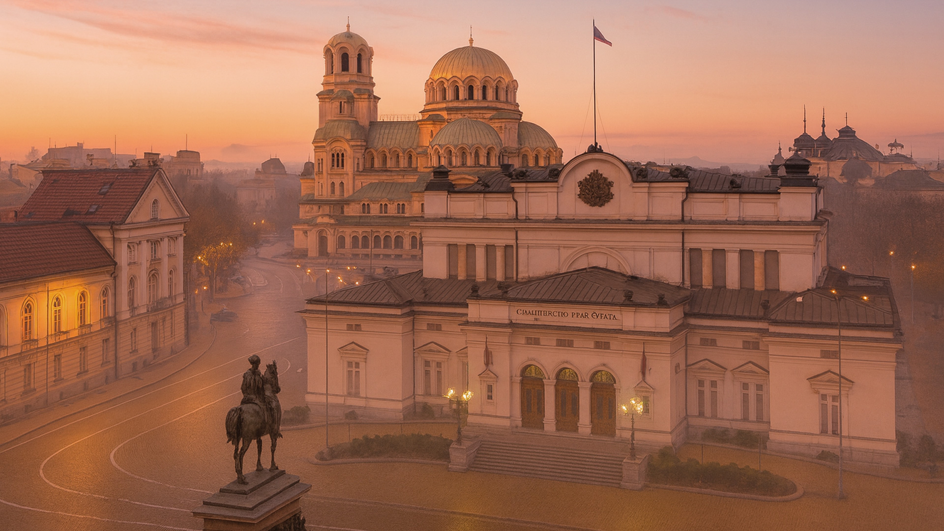 Skyline von Sofia in Bulgarien bei Morgenröte mit der Alexander-Newski-Kathedrale und dem Nationaltheater.