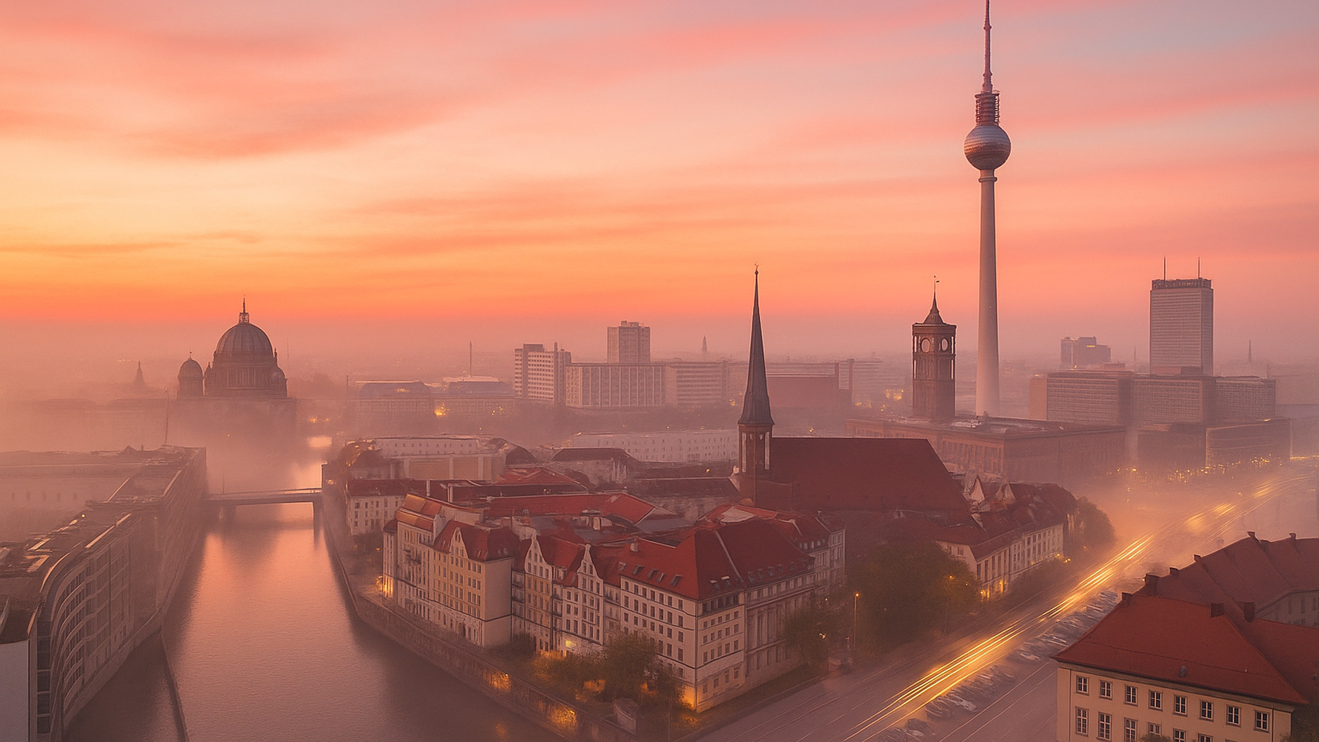 Skyline von Berlin in Deutschland bei Morgenröte mit dem Berliner Fernsehturm und dem Berliner Dom.