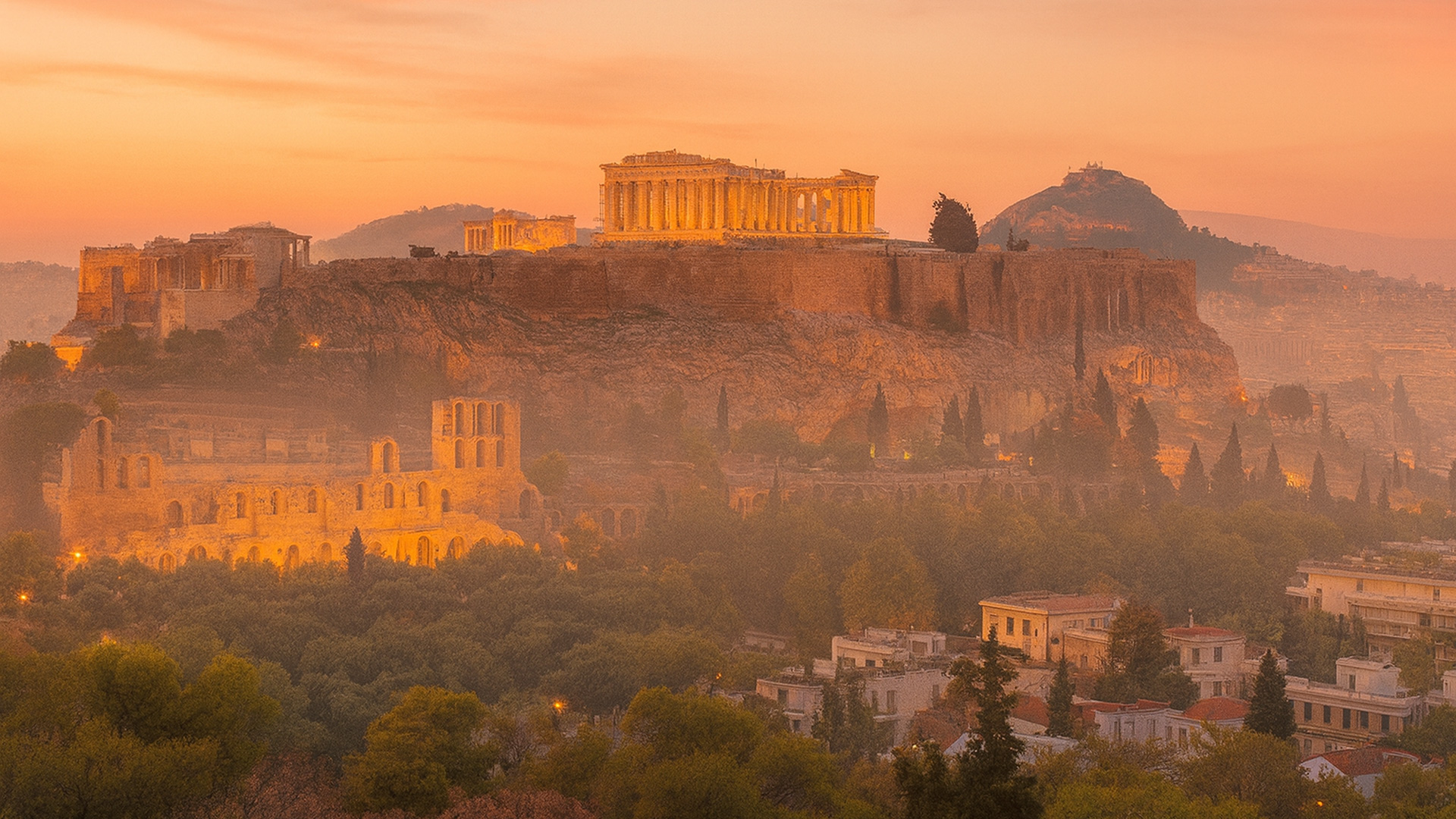 Skyline von Athen in Griechenland bei Morgenröte mit der Akropolis und dem Parthenon.