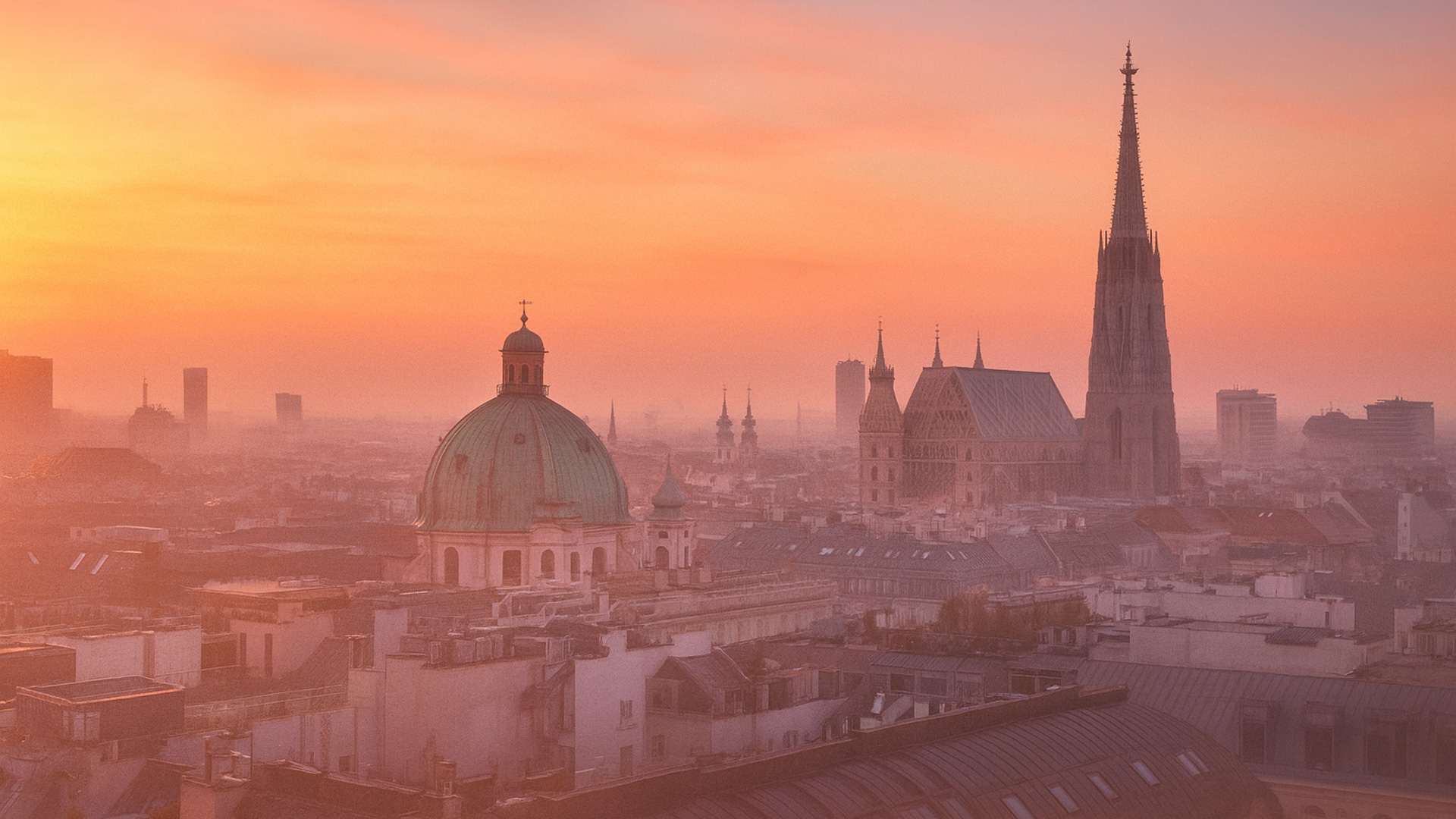 Skyline von Wien in Österreich bei Morgenröte mit dem Stephansdom und der Peterskirche.