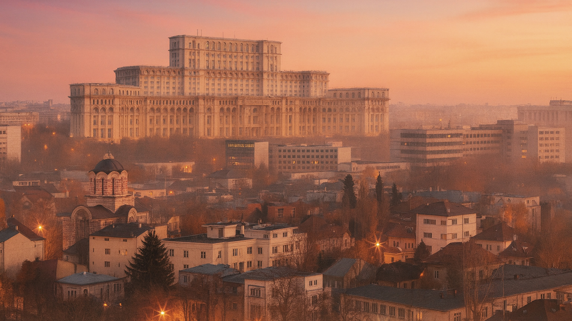 Skyline von Bukarest in Rumänien bei Morgenröte mit dem Parlamentspalast und der Kretzulescu-Kirche.