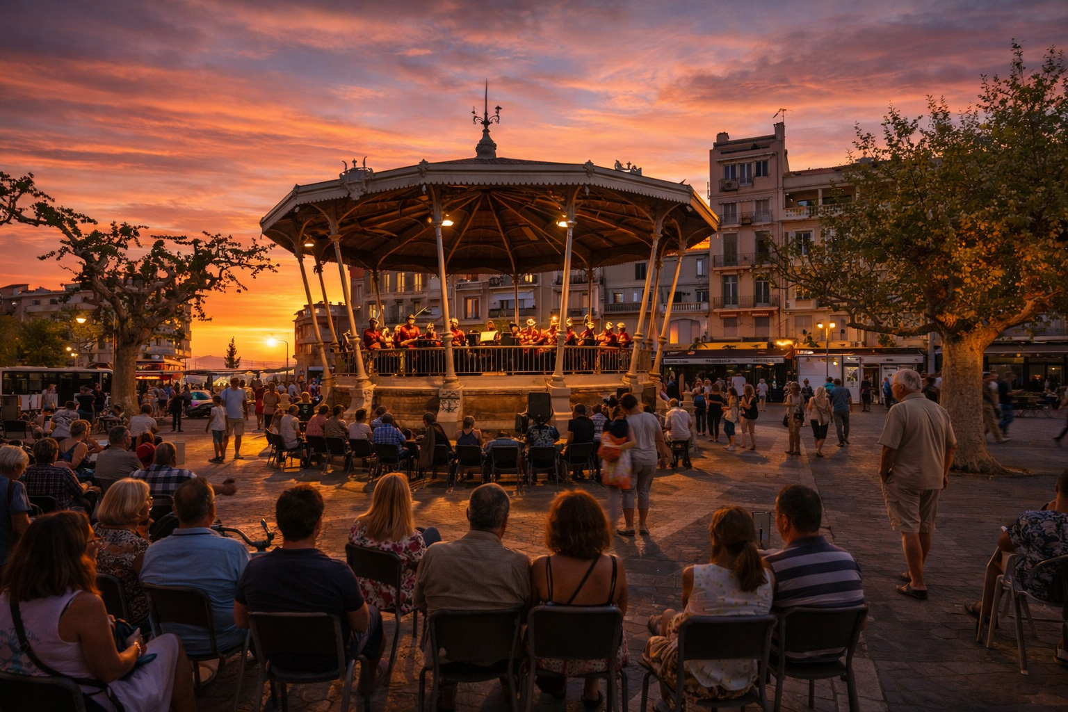 Ein Straßenfest in Cannes bei Sonnenuntergang