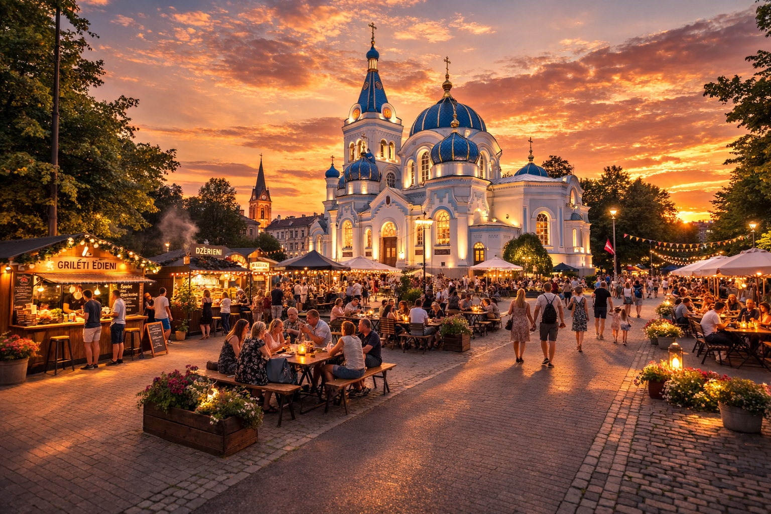 Ein Straßenfest in Jelgava bei Sonnenuntergang