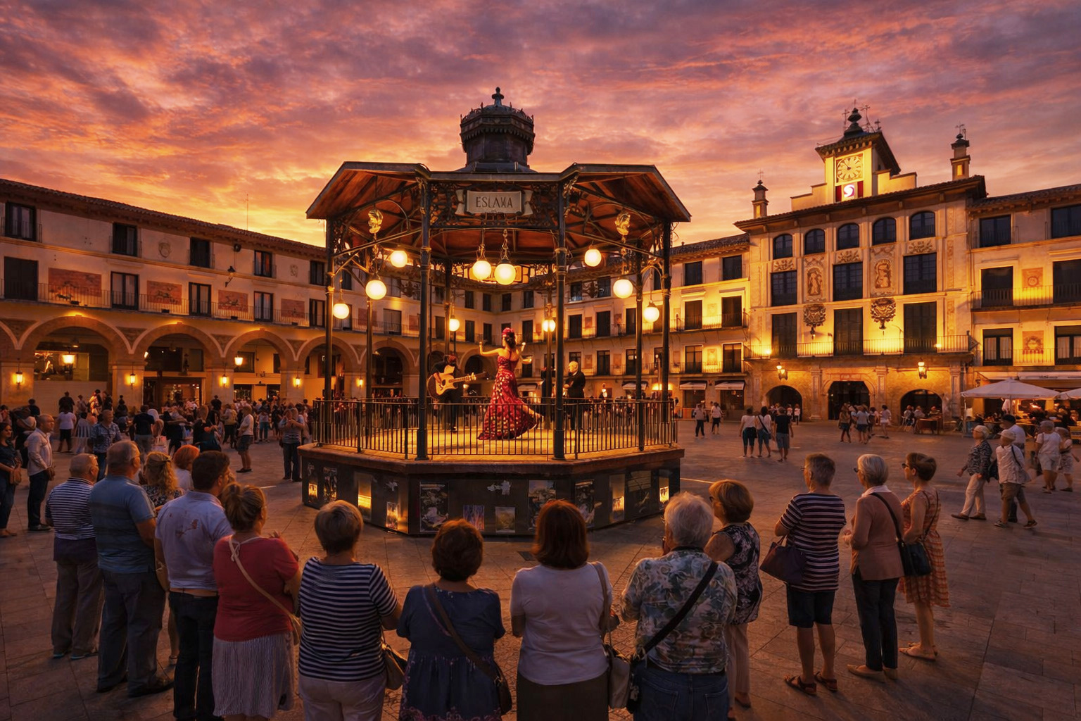 Ein Straßenfest in Tuleda bei Sonnenuntergang