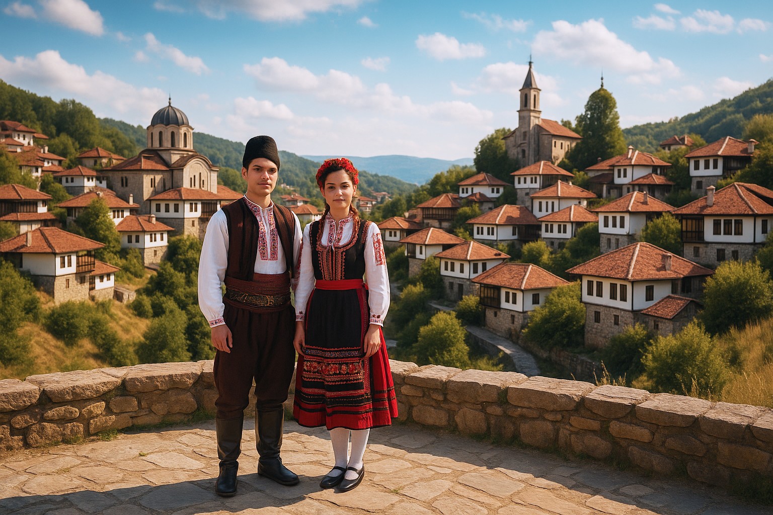 Mann und Frau in traditioneller Volkstracht aus Bulgarien West