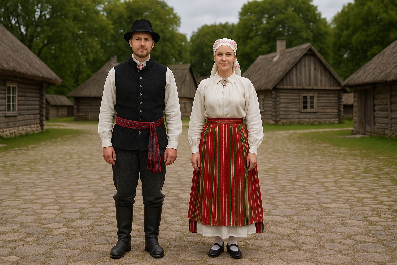 Mann und Frau in estnischer Tracht in voller Körperansicht auf einem rustikalen Dorfplatz mit traditionellen Holzhäusern.