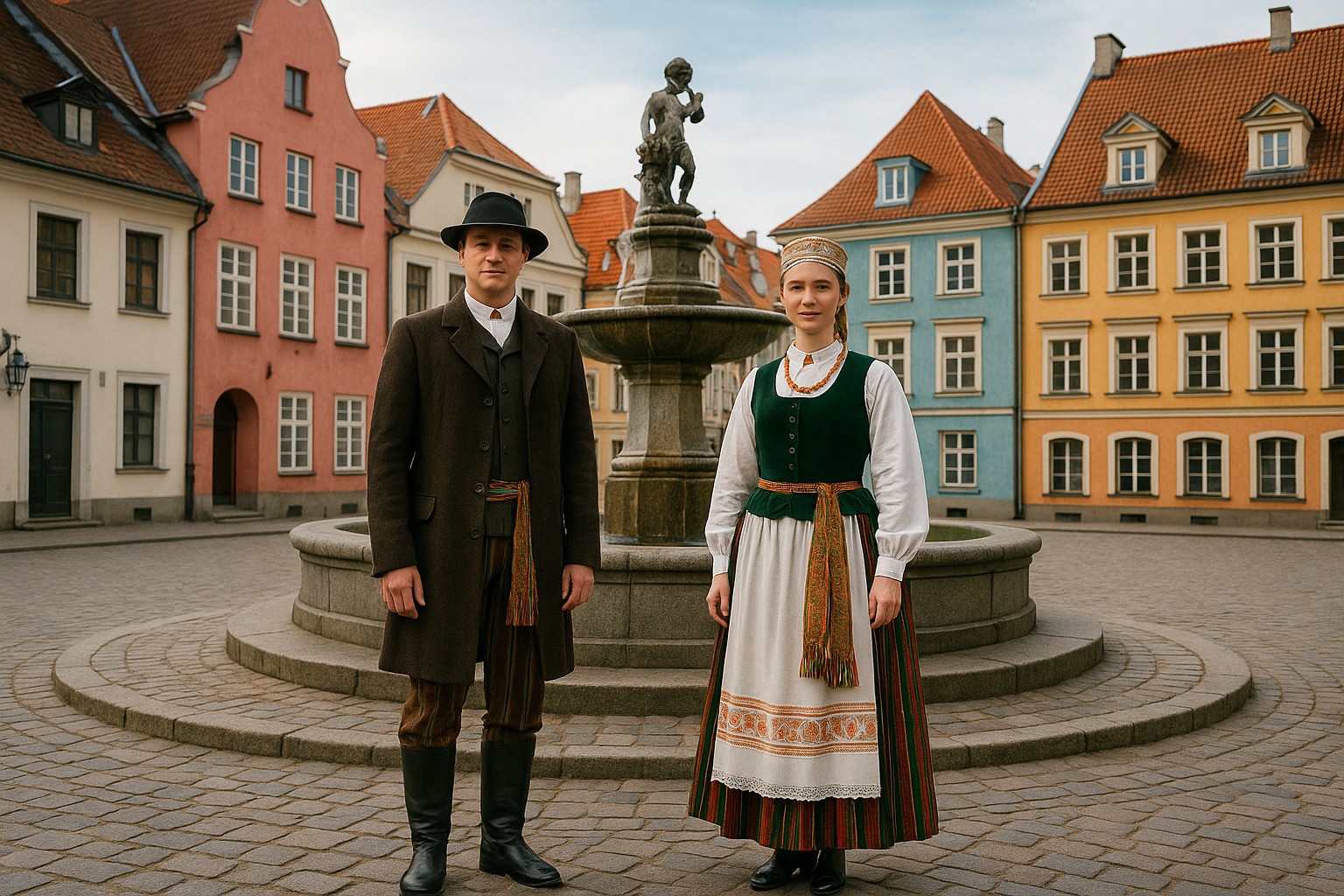 Mann und Frau in litauischer Tracht stehen neben einem klassischen Brunnen auf einem Altstadtplatz mit bunten Giebelhäusern im Hintergrund.