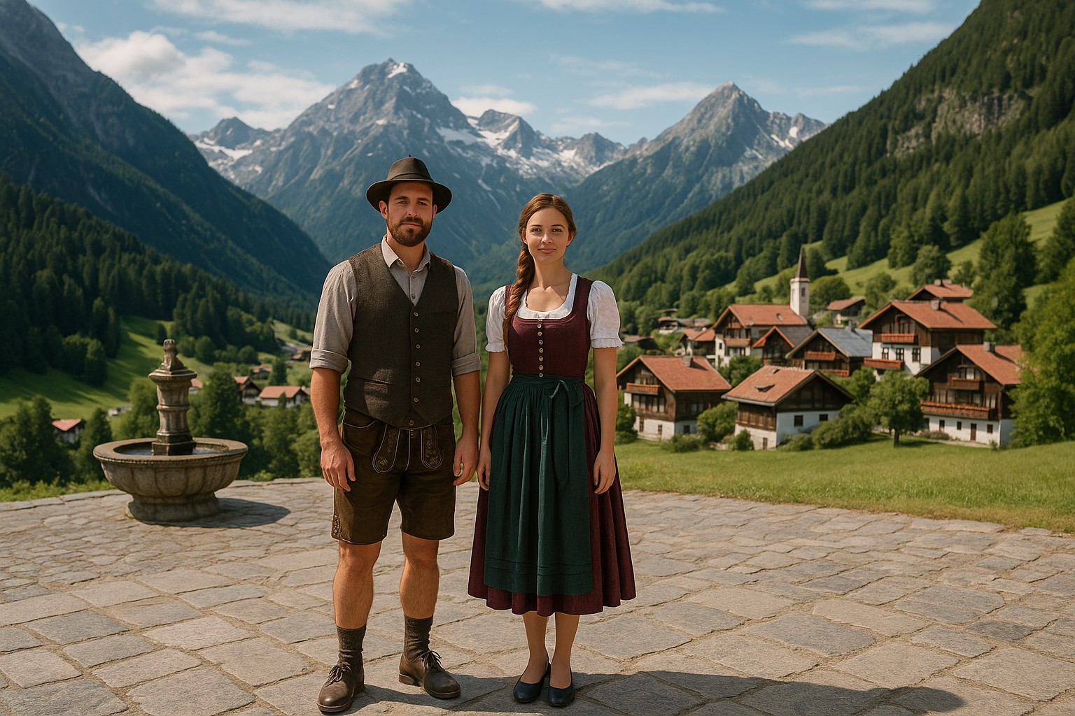 Österreichisches Paar in Lederhosen und Dirndl auf einem Aussichtspunkt mit alpiner Bergkulisse und Bergdorf im Hintergrund.