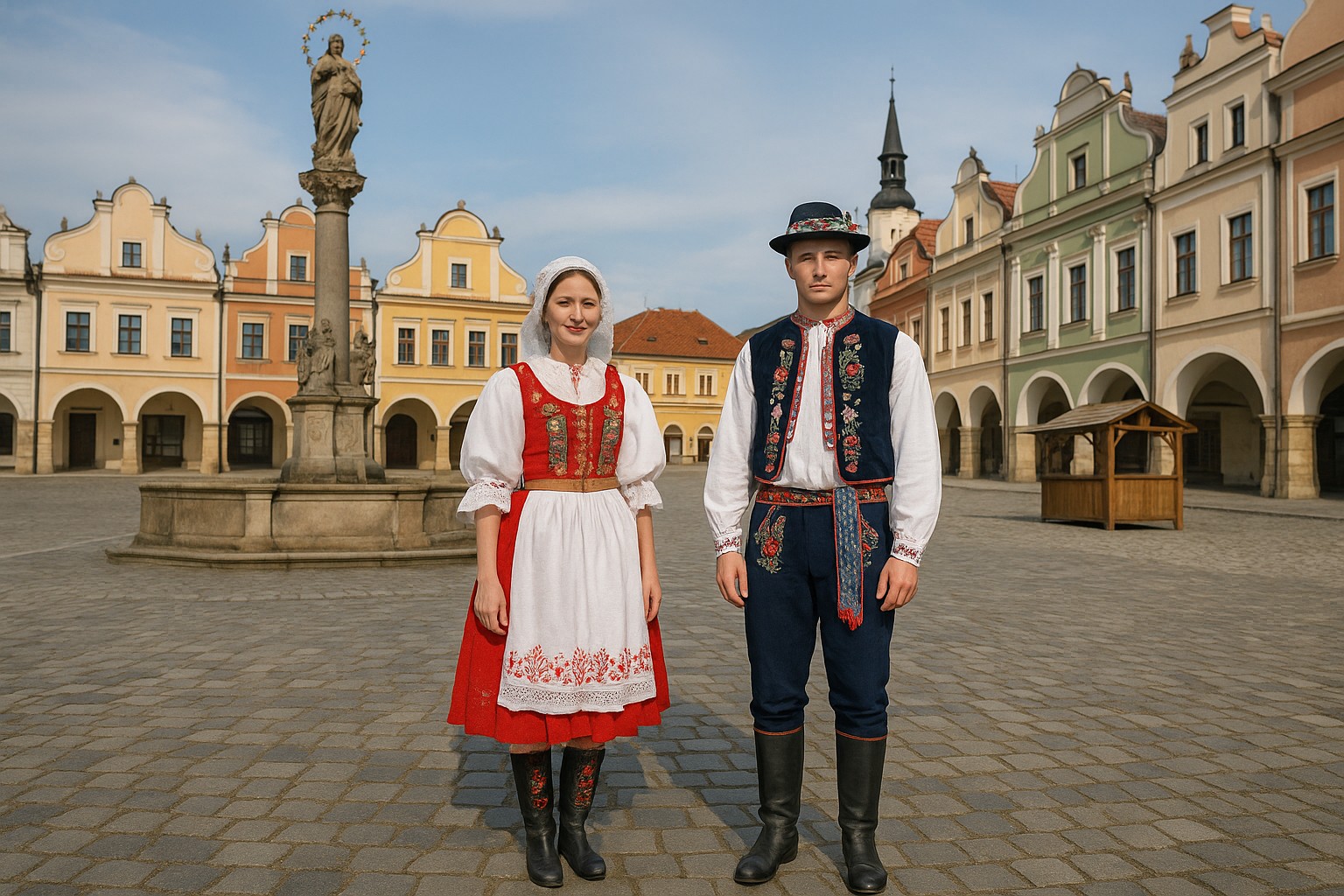 Mann und Frau in tschechischer Tracht auf einem historischen Marktplatz mit Mariensäule links, Arkadenfassaden rechts und Kirchturm im Hintergrund.